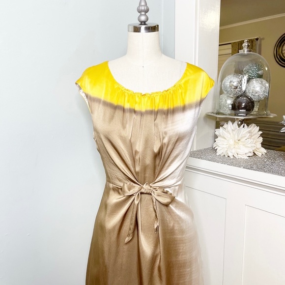 Elie Tahari Silk Tie Front Sheath Dress Yellow Tan & Gold - Picture 3 of 11